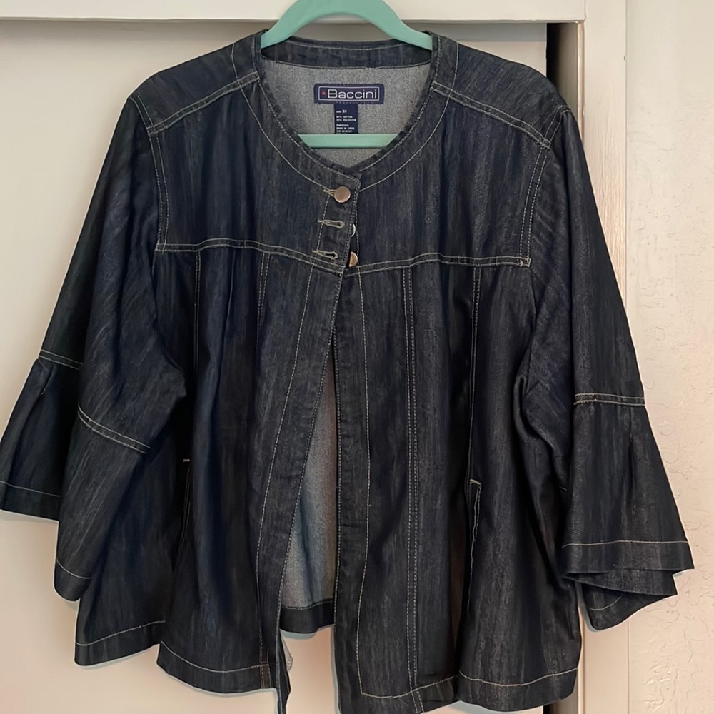 BACCINI Plus Size 3x Denim short jacket with 3/4 bell sleeves.